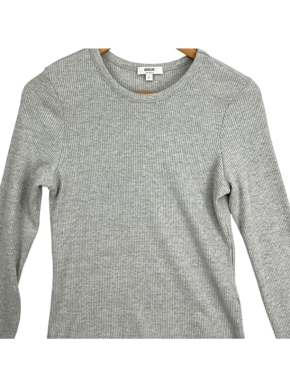 AGOLDE Alma Shrunken Crewneck Shirt Womens Large Gray Ribbed Long Sleeve Top - Picture 2 of 14